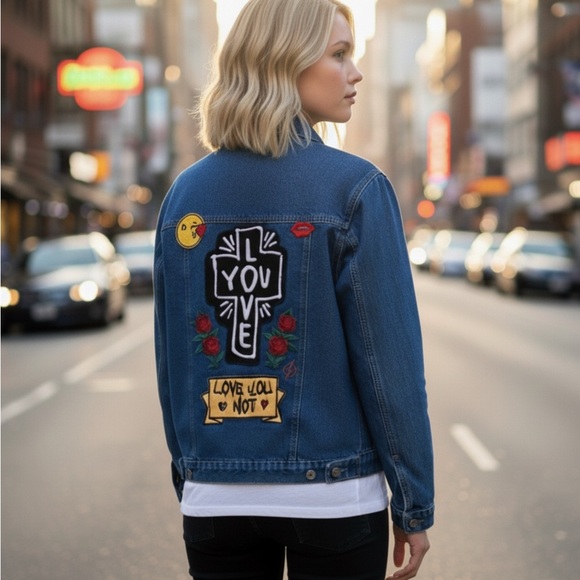 ✨NEW Limited Edition Stylish Blue Denim oversized Jacket Graphic Patches - Picture 3 of 8